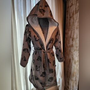 Gray and White Sherpa-Lined Robe with Dog Print